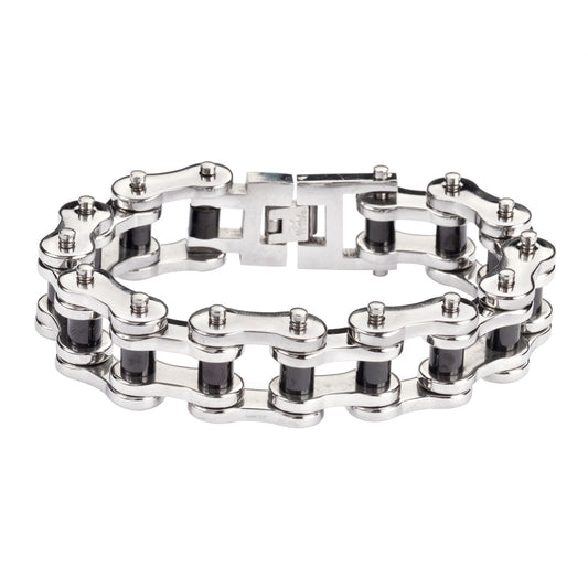 Sk1189 Stainless Black Rollers 3/4’’ Wide Thick Link Men’s Steel Motorcycle Chain Bracelet