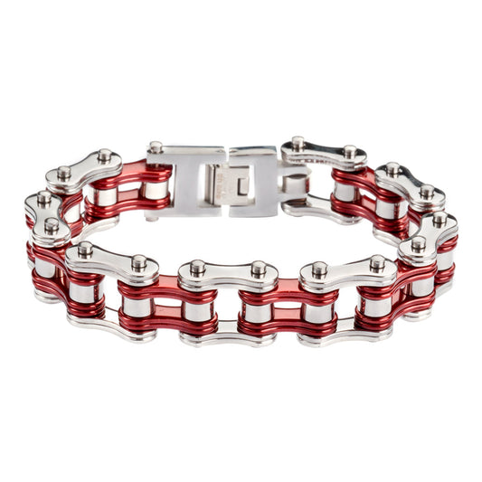 Sk1230 3/4’ Wide Two Tone Silver Candy Red Double Link Design Men’s Bike Chain Bracelets