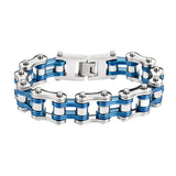 Sk1240 3/4’ Wide Two Tone Silver Candy Blue Double Link Design Men’s Bike Chain Bracelets