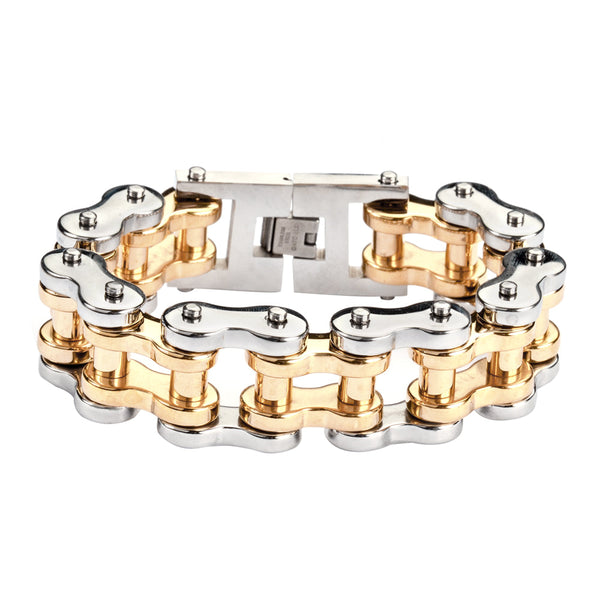 Sk1259 1’’ Wide Silver Gold Thick Link Men’s Stainless Steel Motorcycle Chain Bracelet Bike