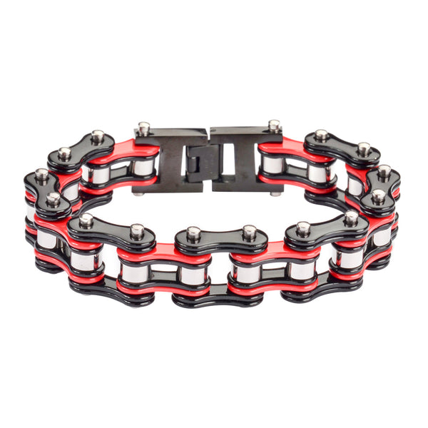 Sk1284 Tri Color Black Red Silver 3/4’’ Wide Double Link Design Unisex Stainless Steel