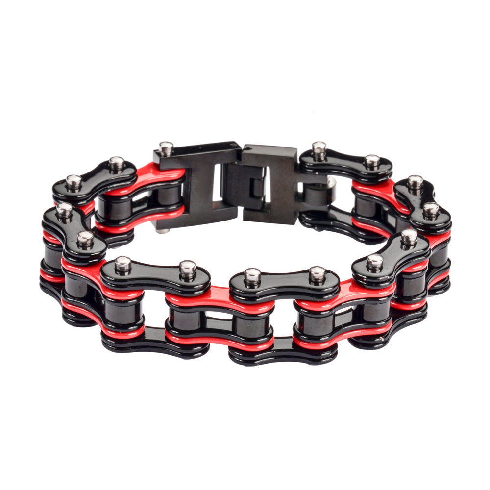 Sk1286 Two Tone 3/4’’ Wide Black Red Unisex Stainless Steel Motorcycle Chain Bracelet Men’s