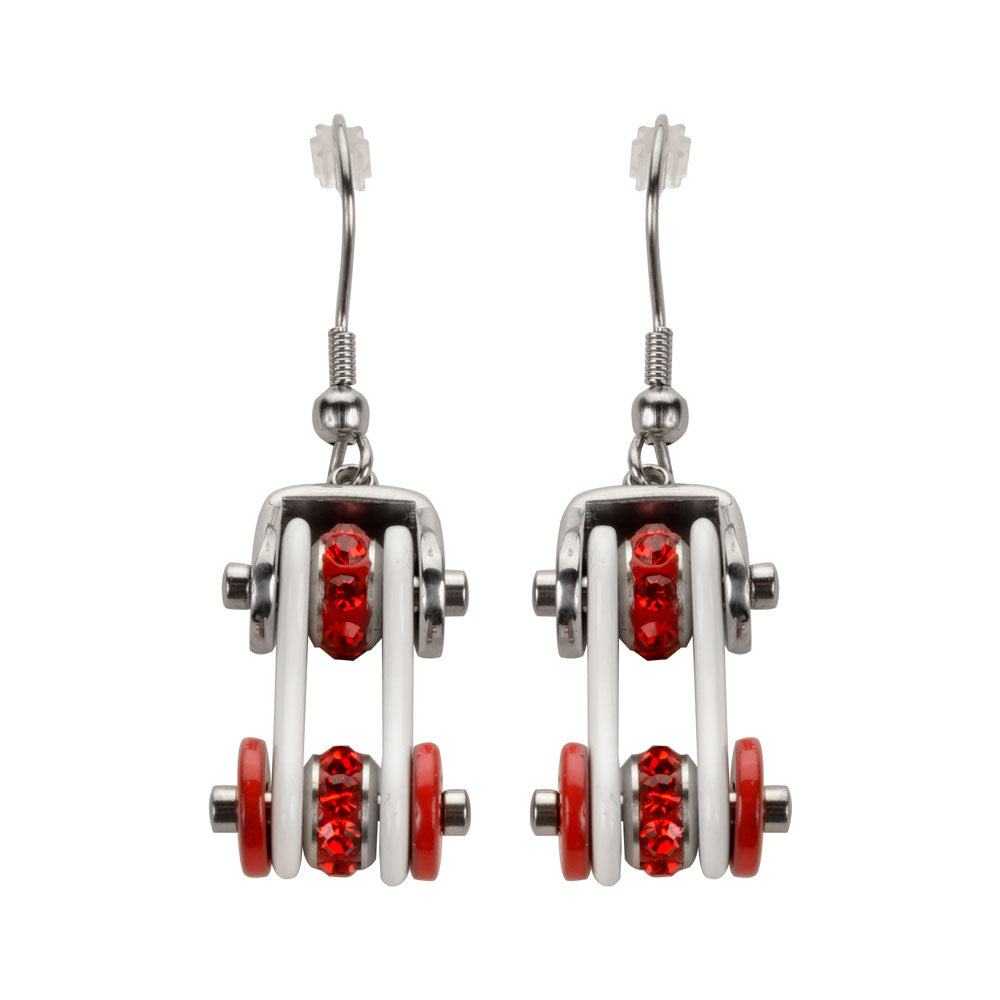 Sk1292E Two Tone Silver White Red Crystal Centers Bike Chain Earrings Stainless Steel Motorcycle