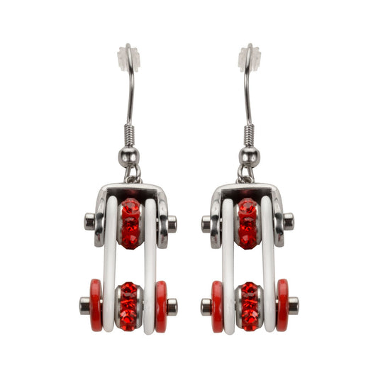 Sk1292E Two Tone Silver White Red Crystal Centers Bike Chain Earrings Stainless Steel Motorcycle