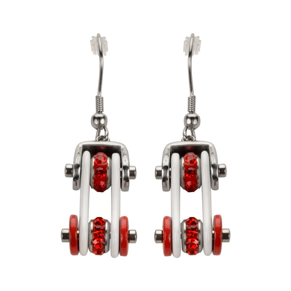 Sk1292E Two Tone Silver White Red Crystal Centers Bike Chain Earrings Stainless Steel Motorcycle