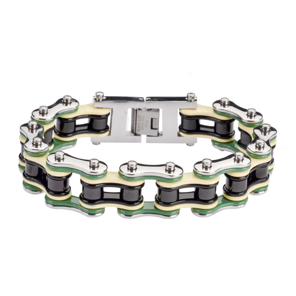 Sk1314 3/4’’ Wide Quad Color Silver Green Tan Black Double Link Design Men’s Stainless Steel