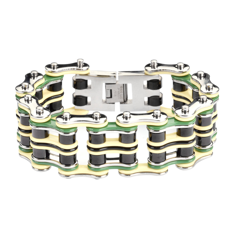 Sk1317 Quad Color 1’’ Wide Silver Tan Green Black Men’s Stainless Steel Motorcycle Chain Bike