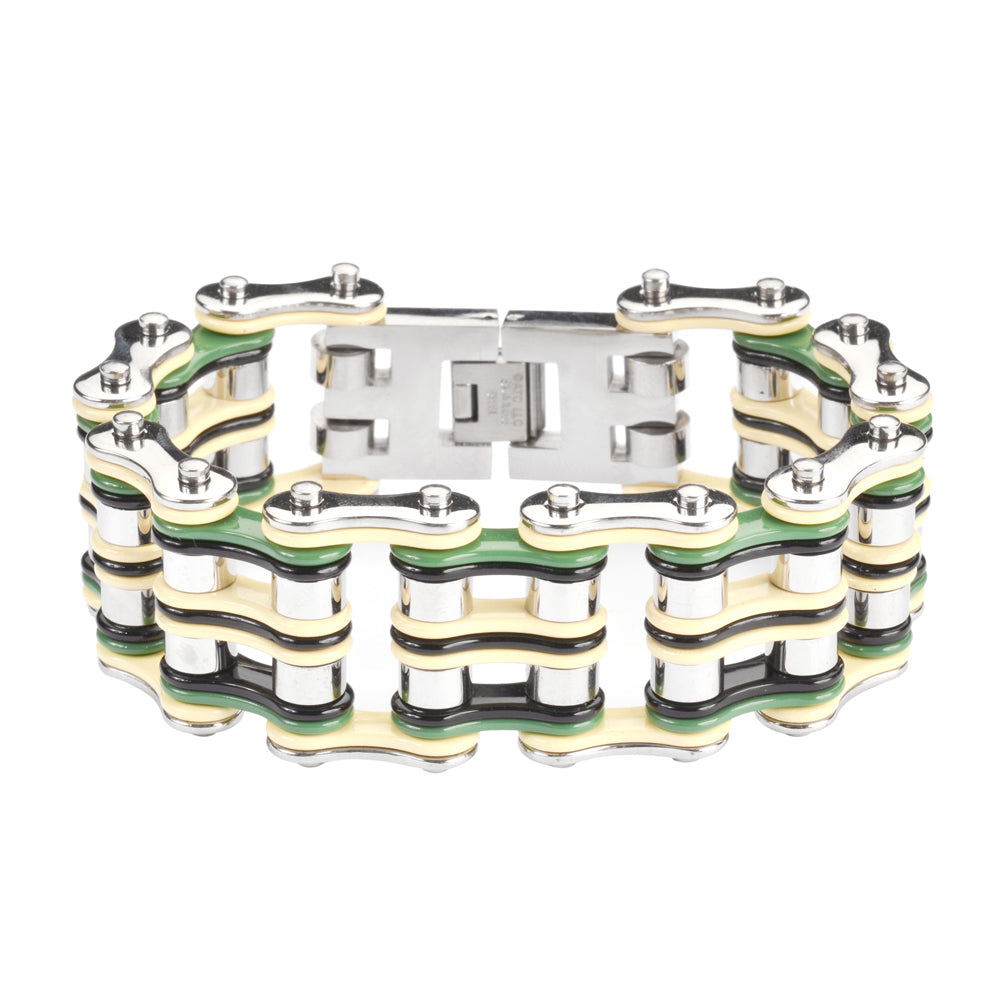Sk1318 Quad Color 1’’ Wide Tan Silver Green Black Men’s Stainless Steel Motorcycle Chain