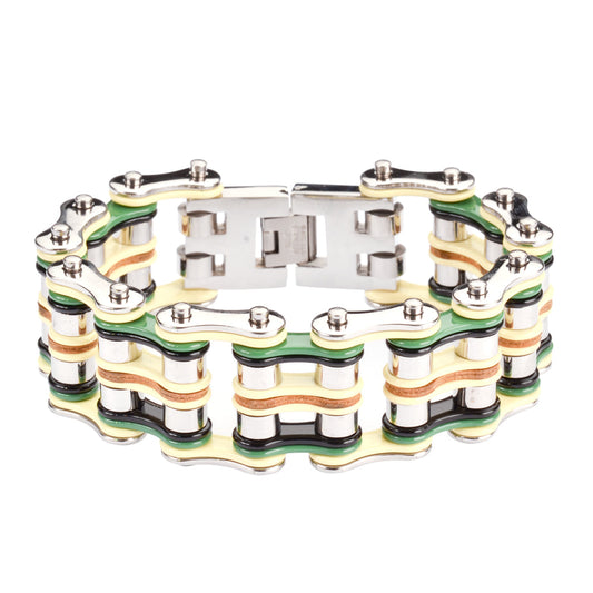 Sk1325 1’’ Wide Quad Color Silver Yellow Green Black Leather Men’s Stainless Steel Motorcycle
