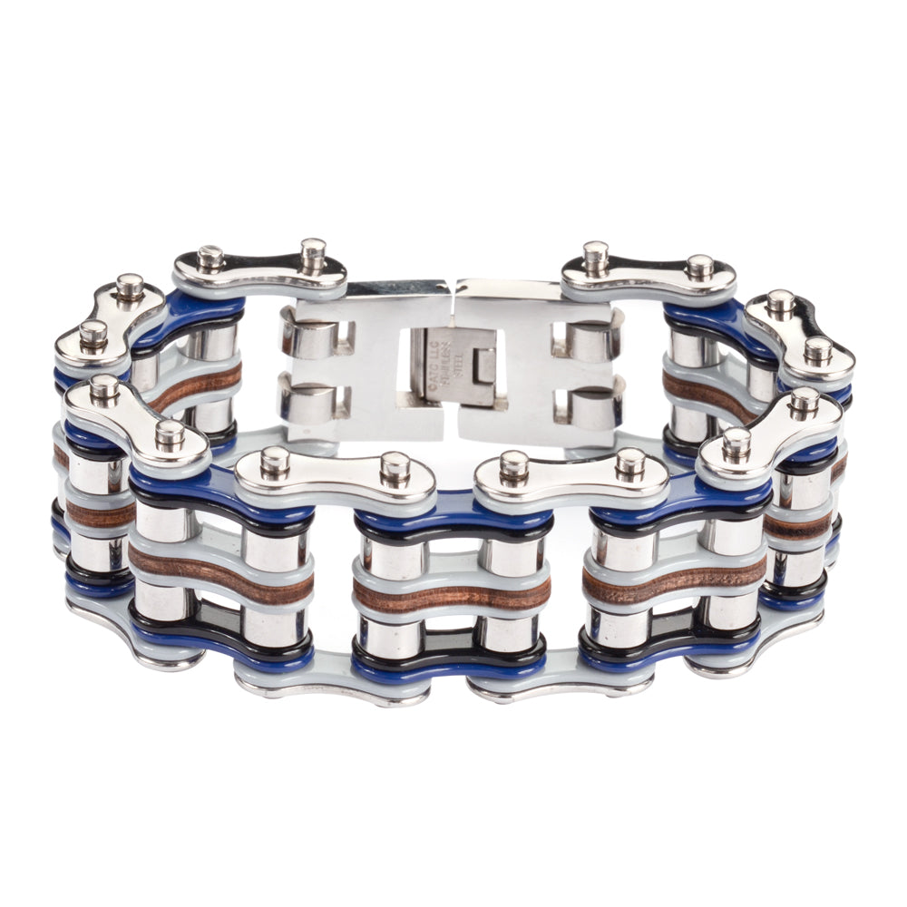Sk1331 1’’ Wide Tri-Color Silver Blue Grey Leather Men’s Stainless Steel Motorcycle Chain