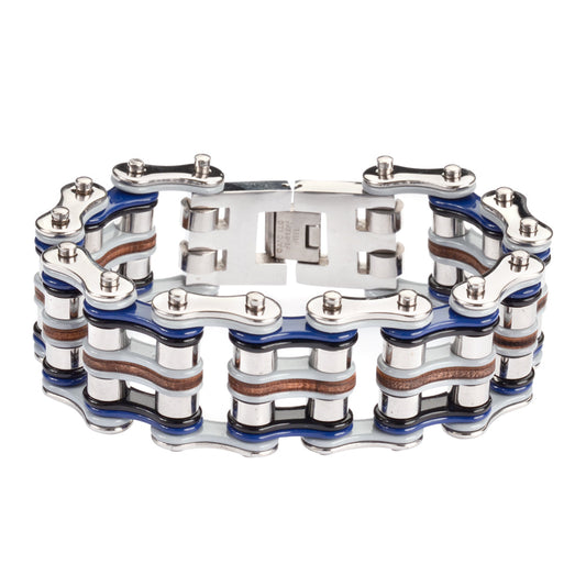 Sk1331 1’’ Wide Tri-Color Silver Blue Grey Leather Men’s Stainless Steel Motorcycle Chain