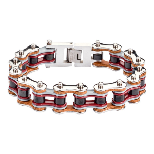 Sk1337 3/4’’ Wide Quad Color Silver Grey Red Black Leather Double Link Design Men’s Stainless