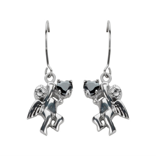 Sk1472 Cherub Angel Earrings Black Heart Shape Stones French Wire Stainless Steel Motorcycle Biker