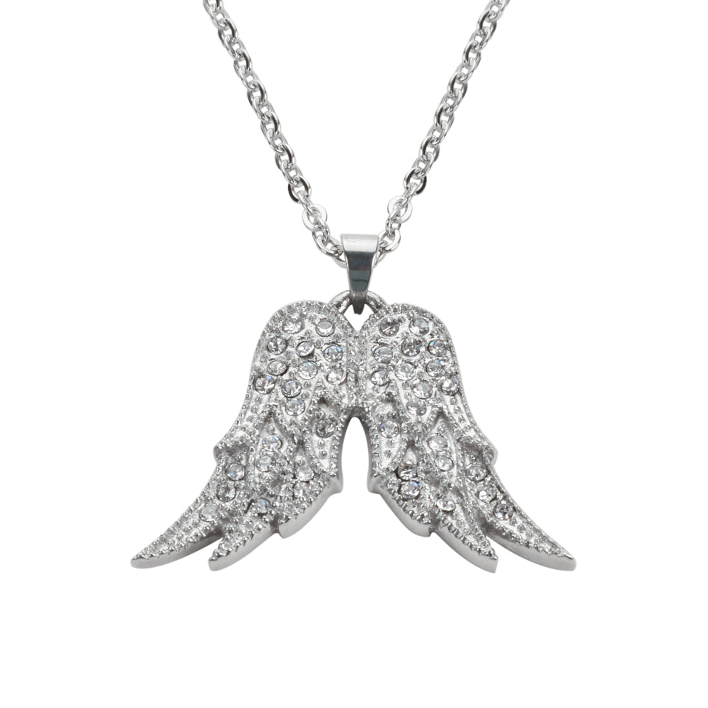 Sk1502 Ladies Crystal Fixed Double Angel Wing Necklace 19 1 1/4 Wide Stainless Steel Motorcycle