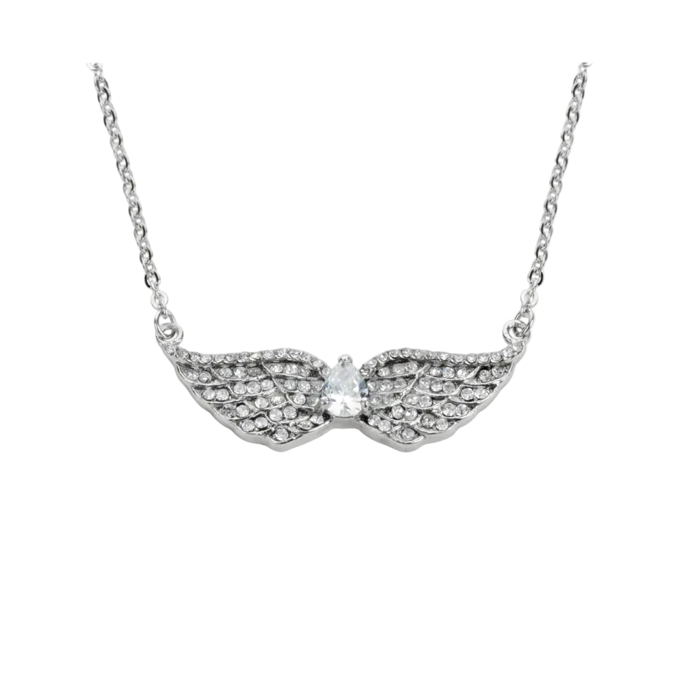 Sk1507 Ladies Double Angel Wing Crystal Pear Shaped Center Stone Necklace 19 1 1/2 Wide Stainless