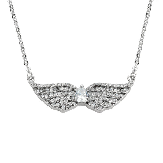 Sk1507 Ladies Double Angel Wing Crystal Pear Shaped Center Stone Necklace 19 1 1/2 Wide Stainless