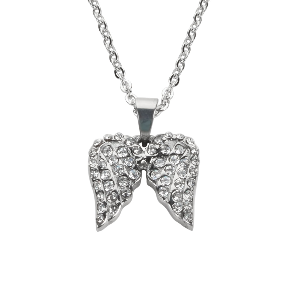 Sk1508 Ladies Double Angel Wing Crystal Necklace 19 9/16 Wide Stainless Steel Motorcycle Jewelry