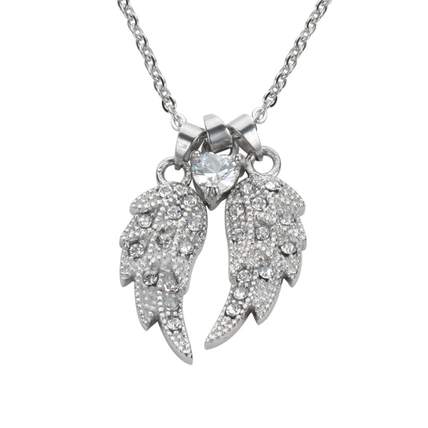 Sk1509 Ladies Double Angel Wing Crystal Heart Shaped Center Stone Necklace 19 1 1/2 Wide Stainless