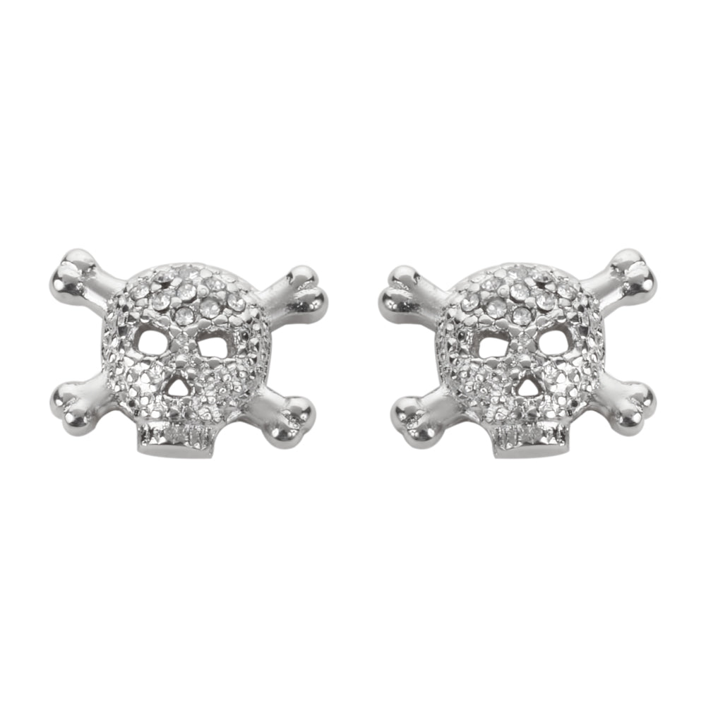 Sk1529 Bling Stone Skull Earrings Silver Tone Imitation Diamonds Post & Nut Stainless Steel