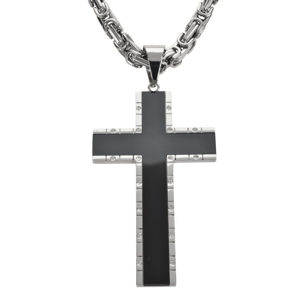 SK1572 2.5’’ Onyx Inlay Cross With 5 Millimeter Byzantine Necklace 24’’ Stainless Steel Religious Jewelry Necklaces