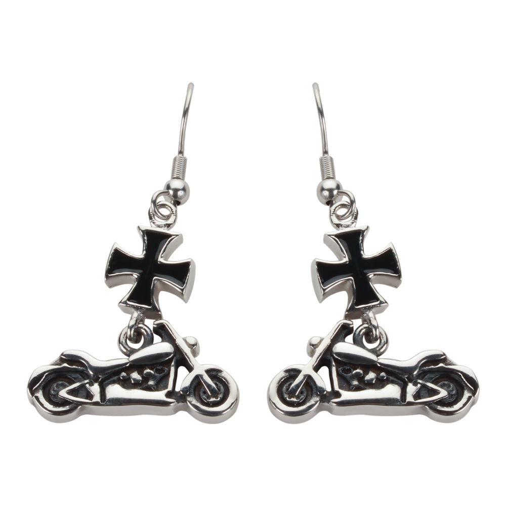 Sk1642 Small Motorcycle Iron Cross French Wire Earrings Stainless Steel Biker Jewelry