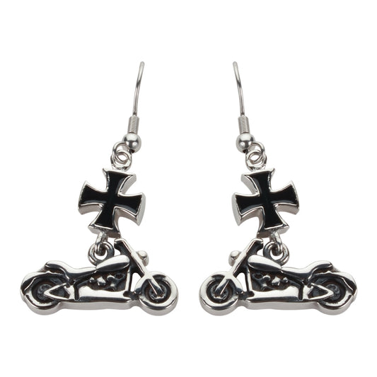 Sk1642 Small Motorcycle Iron Cross French Wire Earrings Stainless Steel Biker Jewelry