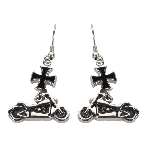 Sk1642 Small Motorcycle Iron Cross French Wire Earrings Stainless Steel Biker Jewelry