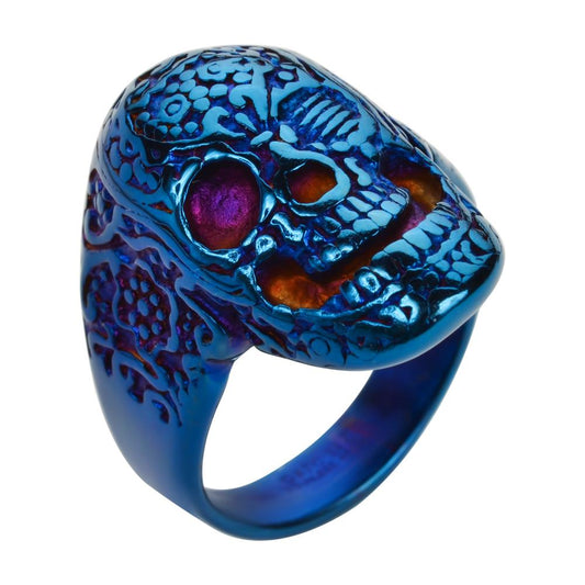 Sk1751 Gents Tattoo’s Gone Wild Ring Blue Anodized Edition Stainless Steel Motorcycle Biker