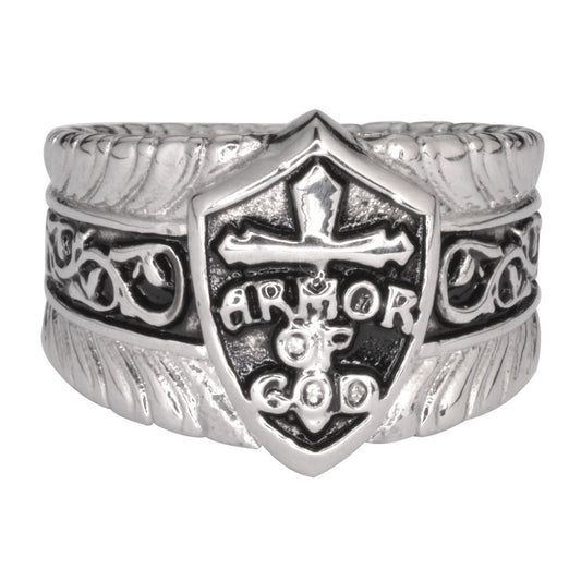 Sk1771 Gents Armor Of God Shield Ring Stainless Steel Motorcycle Jewelry Size 9-18 Rings