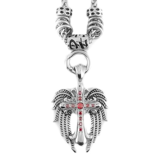 Sk1777Red Ladies Angel Wing & Cross Red Bling Pendant With 4Mm Foxtail Necklace 19’’ Stainless Steel