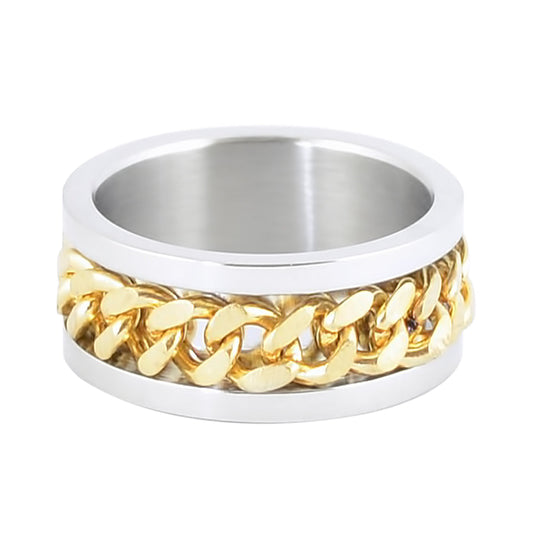 Sk1780C Silver/Gold Edition Gents Cuban Link Spinner Ring Stainless Steel Motorcycle Jewelry Size