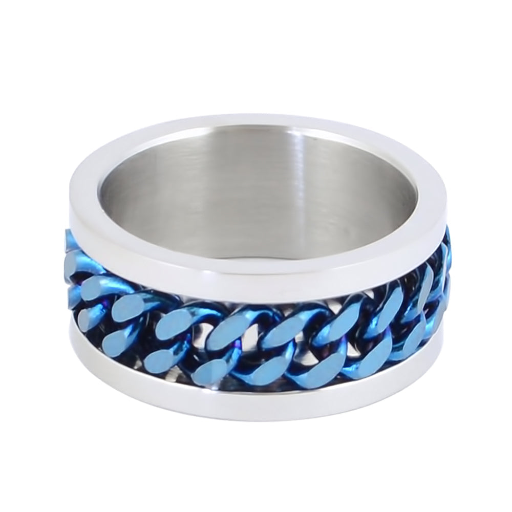 Sk1780D Silver/Blue Edition Gents Cuban Link Spinner Ring Stainless Steel Motorcycle Jewelry Size