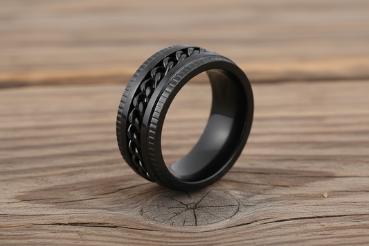 SK1780A Black/Black Edition  Gents Cuban Link Spinner Ring Stainless Steel Motorcycle Jewelry  Size 8-15