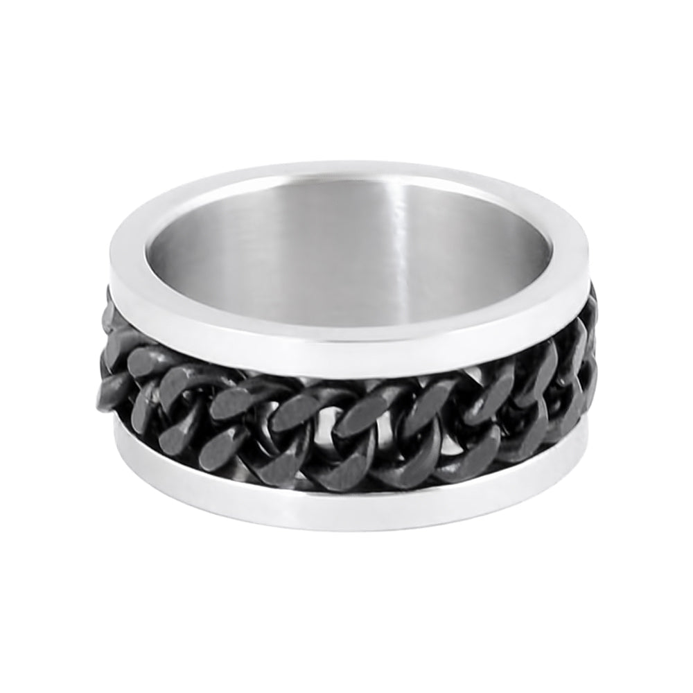 Sk1780B Silver/Black Edition Gents Cuban Link Spinner Ring Stainless Steel Motorcycle Jewelry Size