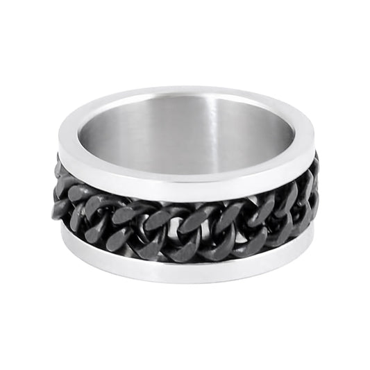Sk1780B Silver/Black Edition Gents Cuban Link Spinner Ring Stainless Steel Motorcycle Jewelry Size