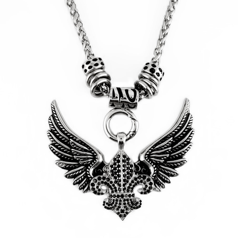 Sk2260Blk Black Ladies Angel Open Wing & Cross Black Bling Pendant With 4Mm Foxtail Necklace
