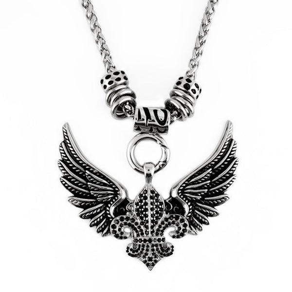 Sk2260Blk Black Ladies Angel Open Wing & Cross Black Bling Pendant With 4Mm Foxtail Necklace