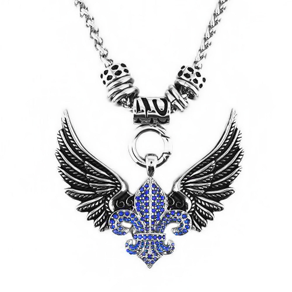 Sk2260Blu Ladies Angel Open Wing & Cross Blue Bling Pendant With 4Mm Foxtail Necklace 19’’