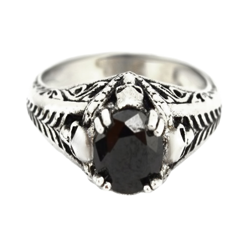 Sk2264 Ladies Solitaire Skull Ring Imitation Black Stone Stainless Steel Motorcycle Biker Jewelry