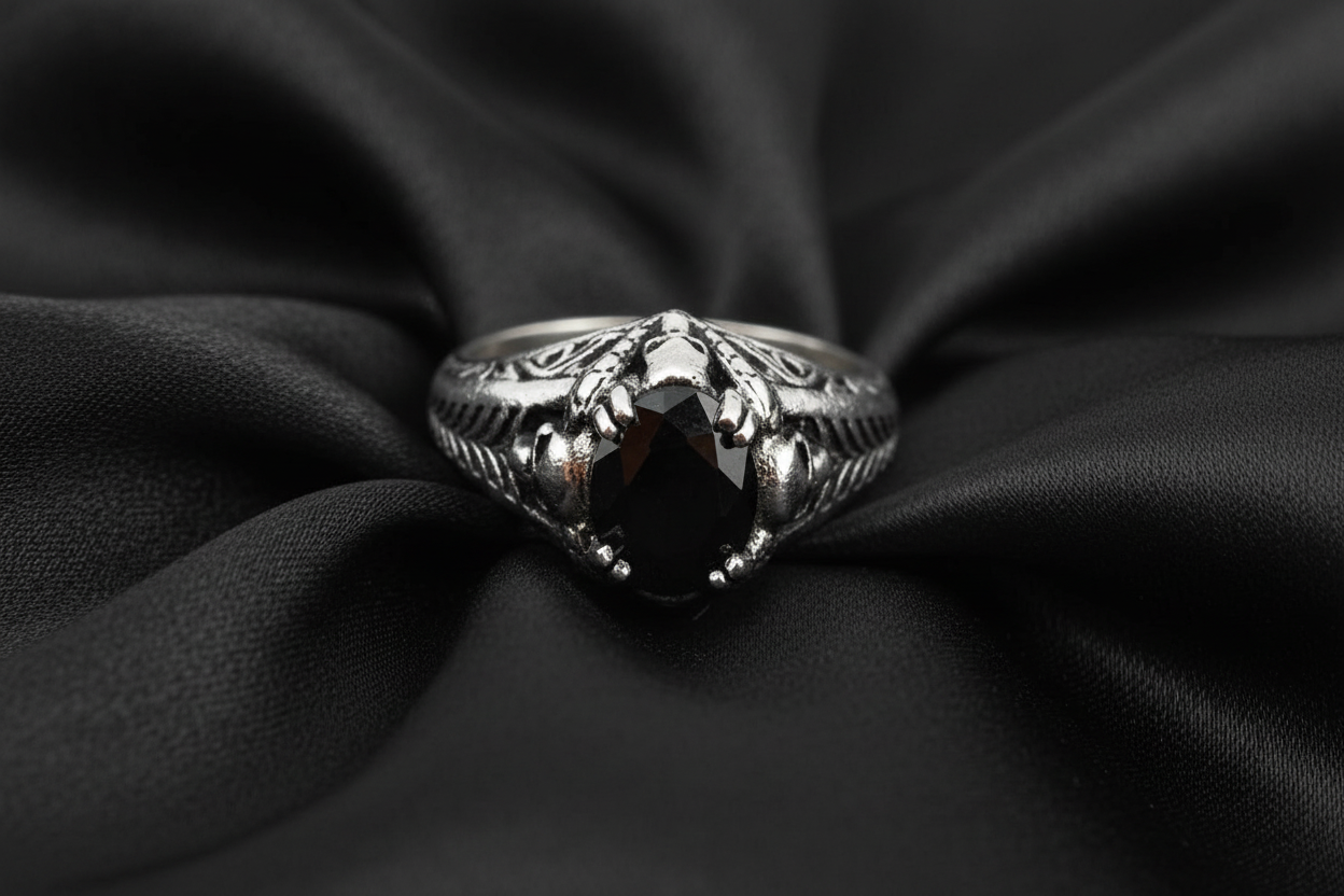 SK2264 Ladies Solitaire Skull Ring Imitation Black Stone Stainless Steel Motorcycle Biker Jewelry Sizes 5-10