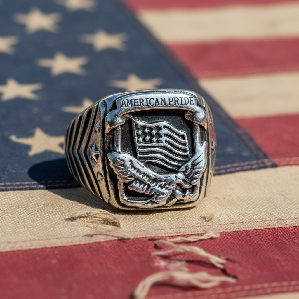 Men’s American Pride Eagle Flag Ring – Stainless Steel Patriotic Biker Ring
