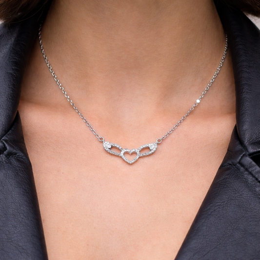 SK1501 Ladies Crystal Double Angel Wing Outline Necklace 19" 1 1/4" Wide Stainless Steel Motorcycle Jewelry