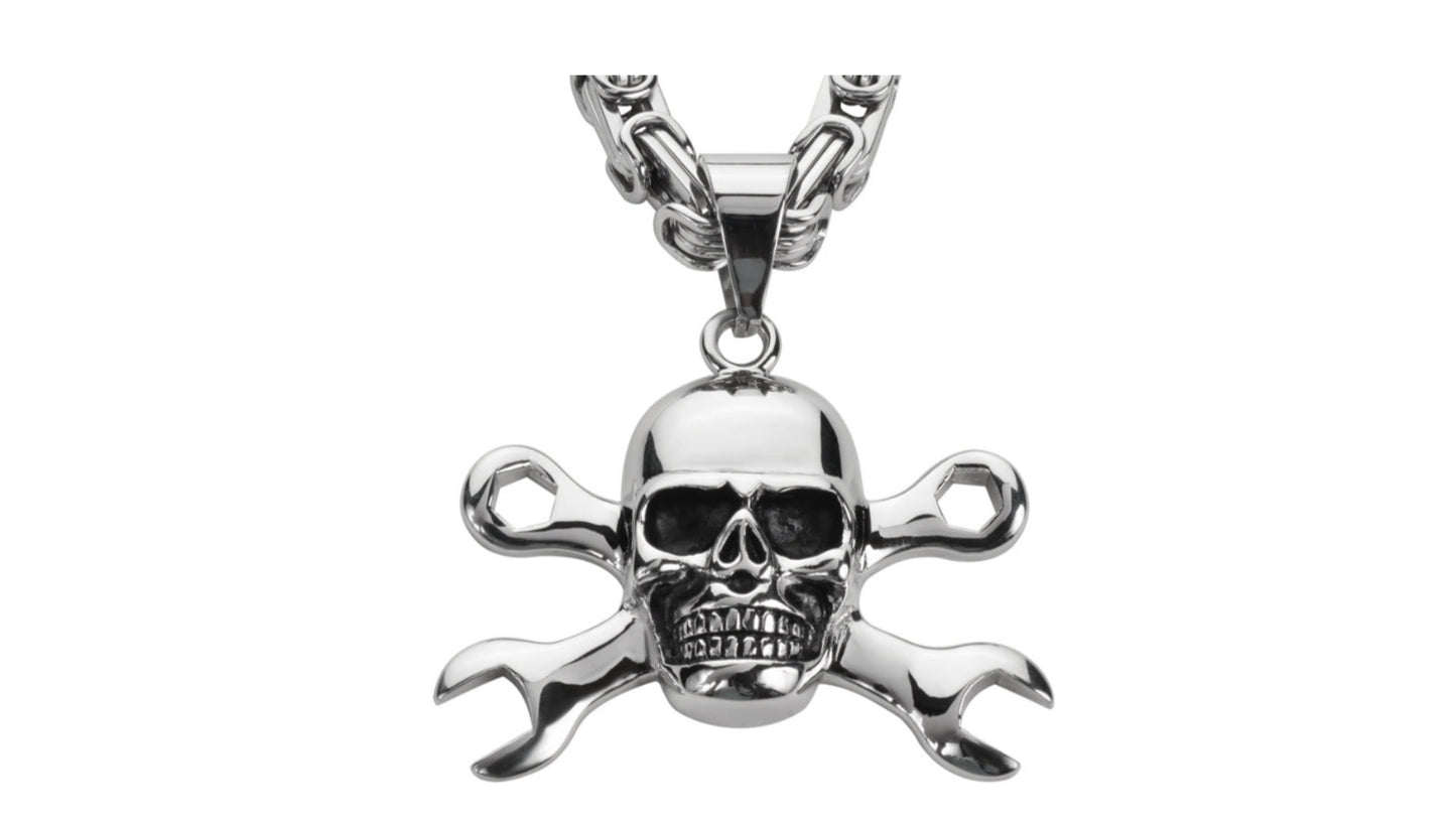 SK1424 Skull 2 1/4" Tall With 24" Fancy Link Chain Stainless Steel Motorcycle Jewelry