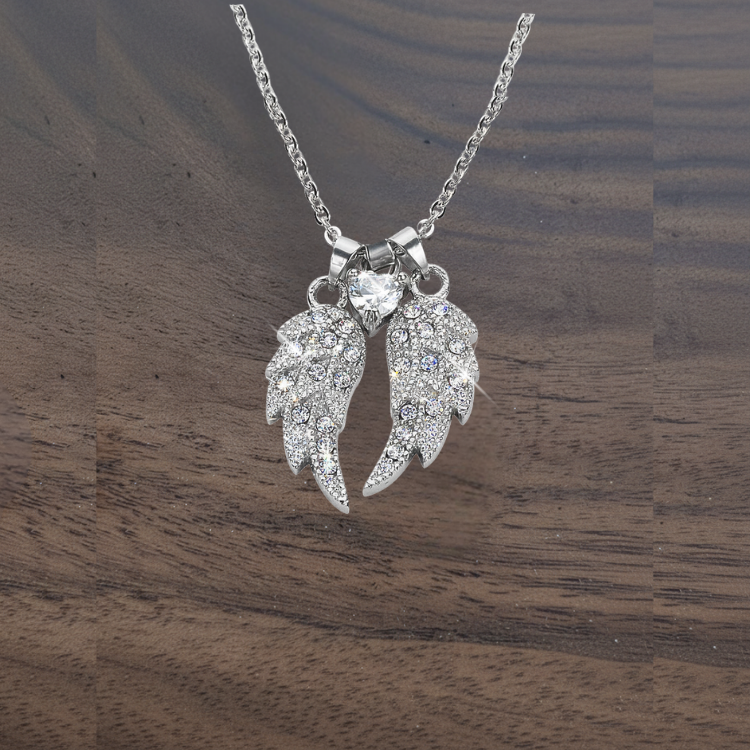 SK1509 Ladies Double Angel Wing Crystal Heart Shaped Center Stone Necklace 19" 1 1/2" Wide Stainless Steel Motorcycle Jewelry