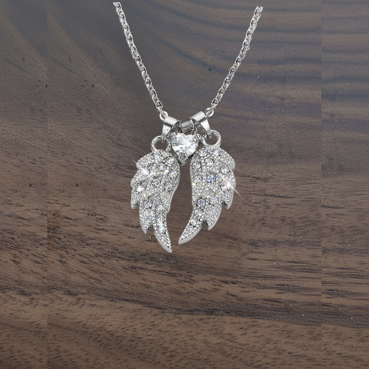 SK1509 Ladies Double Angel Wing Crystal Heart Shaped Center Stone Necklace 19" 1 1/2" Wide Stainless Steel Motorcycle Jewelry