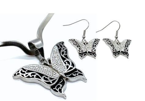 SK2560C Butterfly Crystal Pendant Matching Earrings With V-Cuff Necklace Stainless Steel Jewelry