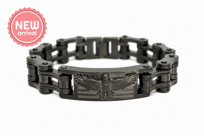 Men’s Eagle Badge Bracelet – Gunmetal 3/4’’ Stainless Steel Motorcycle Biker Bracelet - Bracelet