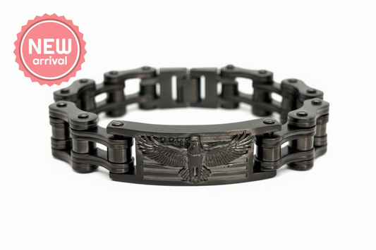 Men’s Eagle Badge Bracelet – Gunmetal 3/4’’ Stainless Steel Motorcycle Biker Bracelet - Bracelet