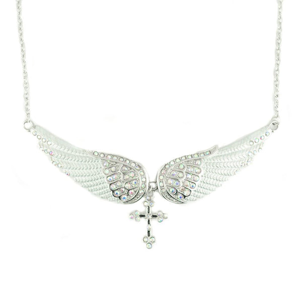 Sk2253 White Painted Winged Necklace With Cross Imitation Crystals Necklaces