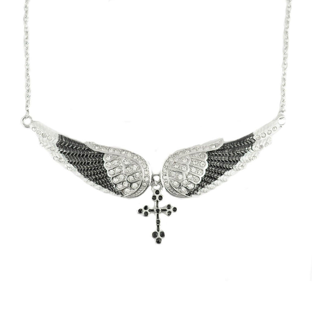Sk2242 Black Painted Winged Necklace With Cross White Imitation Crystals Necklaces